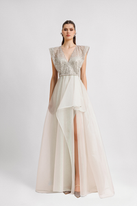 HerTrove-V-Neck Gown with Asymmetrical Hemline