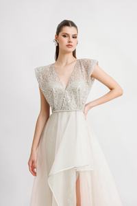 HerTrove-V-Neck Gown with Asymmetrical Hemline