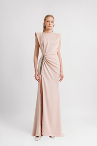HerTrove-side slit draped satin dress with beading