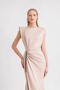 HerTrove-side slit draped satin dress with beading