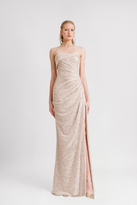 HerTrove-Fold-Over Neckline Strapless beige Dress