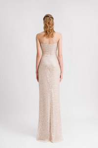 HerTrove-Fold-Over Neckline Strapless beige Dress