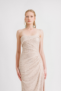 HerTrove-Fold-Over Neckline Strapless beige Dress