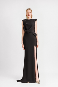 HerTrove-Open back crepe dress with slit