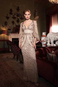 HerTrove-Beige Beaded Evening Gown