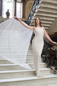 HerTrove-One-Shoulder Beaded Gown with Draped Cape Sleeve