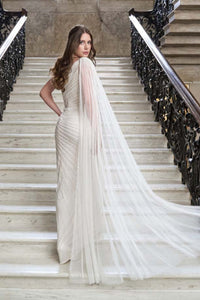 HerTrove-One-Shoulder Beaded Gown with Draped Cape Sleeve
