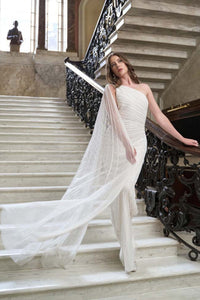 HerTrove-One-Shoulder Beaded Gown with Draped Cape Sleeve