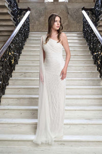 HerTrove-One-Shoulder Beaded Gown with Draped Cape Sleeve