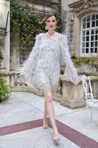 HerTrove-Feathered Mini Dress with Open Back and Beaded Jewel Neck