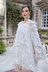 HerTrove-Feathered Mini Dress with Open Back and Beaded Jewel Neck