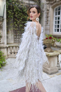 HerTrove-Feathered Mini Dress with Open Back and Beaded Jewel Neck