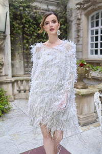 HerTrove-Feathered Mini Dress with Open Back and Beaded Jewel Neck