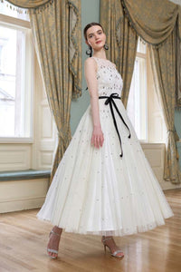 HerTrove-Midi Dress with Black Bow & Crystal Embellishments