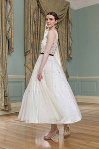 HerTrove-Midi Dress with Black Bow & Crystal Embellishments
