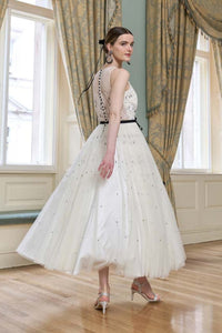 HerTrove-Midi Dress with Black Bow & Crystal Embellishments