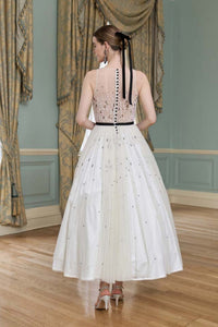 HerTrove-Midi Dress with Black Bow & Crystal Embellishments