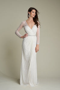 HerTrove-Beaded Gown with Sheer Sleeves and Front Slit