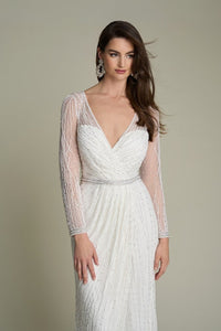 HerTrove-Beaded Gown with Sheer Sleeves and Front Slit