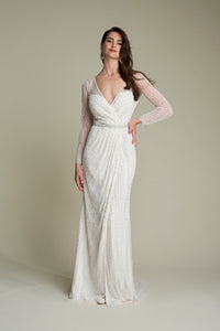 HerTrove-Beaded Gown with Sheer Sleeves and Front Slit