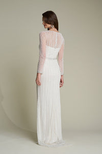 HerTrove-Beaded Gown with Sheer Sleeves and Front Slit