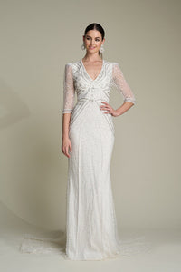 HerTrove-Bi-colored hand-beaded gown with train