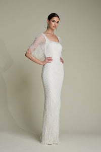 HerTrove-Beaded Gown with Sheer Sleeves and Square Neckline