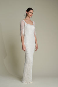 HerTrove-Beaded Gown with Sheer Sleeves and Square Neckline
