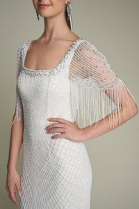 HerTrove-Beaded Gown with Sheer Sleeves and Square Neckline