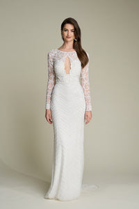 HerTrove-Hand-beaded gown with floral beaded sleeves and zig-zag motif skirt