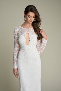 HerTrove-Hand-beaded gown with floral beaded sleeves and zig-zag motif skirt