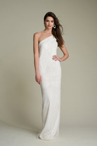 HerTrove-One-Shoulder White Beaded Gown with Fitted Silhouette