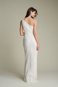 HerTrove-One-Shoulder White Beaded Gown with Fitted Silhouette