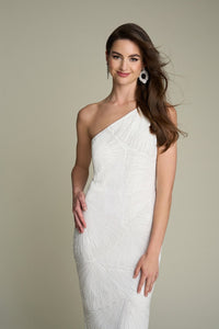 HerTrove-One-Shoulder White Beaded Gown with Fitted Silhouette