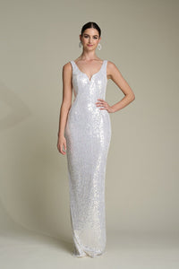 HerTrove-Hand Beaded Fitted Gown with Curved Neckline