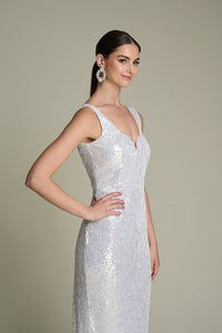 HerTrove-Hand Beaded Fitted Gown with Curved Neckline