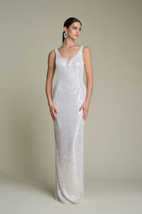 HerTrove-Hand Beaded Fitted Gown with Curved Neckline