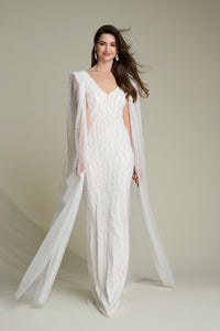 HerTrove-Hand-beaded gown with a detachable full-length beaded cape