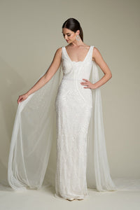 HerTrove-Hand-Beaded Gown with Detachable Georgette Cape