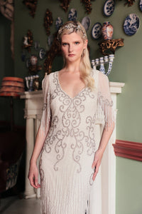 HerTrove-Fully Beaded Gown with Ornate Embroidery and Fringe Detailing
