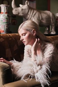 HerTrove-Fully Beaded Coat with Feather Trim