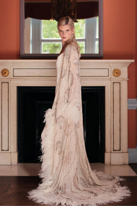 HerTrove-Fully Beaded Coat with Feather Trim
