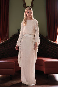 HerTrove-Fully beaded gown with a fabric belt tied at the waist