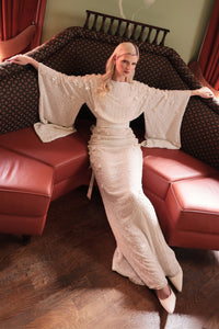 HerTrove-Fully beaded gown with a fabric belt tied at the waist