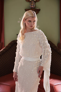 HerTrove-Fully beaded gown with a fabric belt tied at the waist