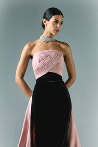 HerTrove-Pleated bodice velvet dress with taffeta drapes