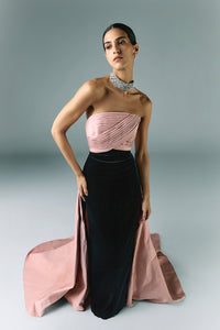 HerTrove-Pleated bodice velvet dress with taffeta drapes