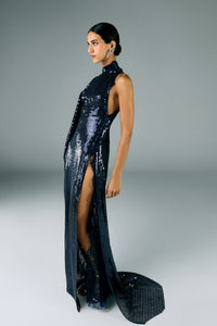 HerTrove-Long sequins dress with side drapes 