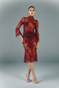 3/4 sleeves lace embroidered midi dress Burgundy / FR 42