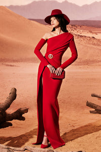 HerTrove-Long sleeves crepe dress with peplum draping